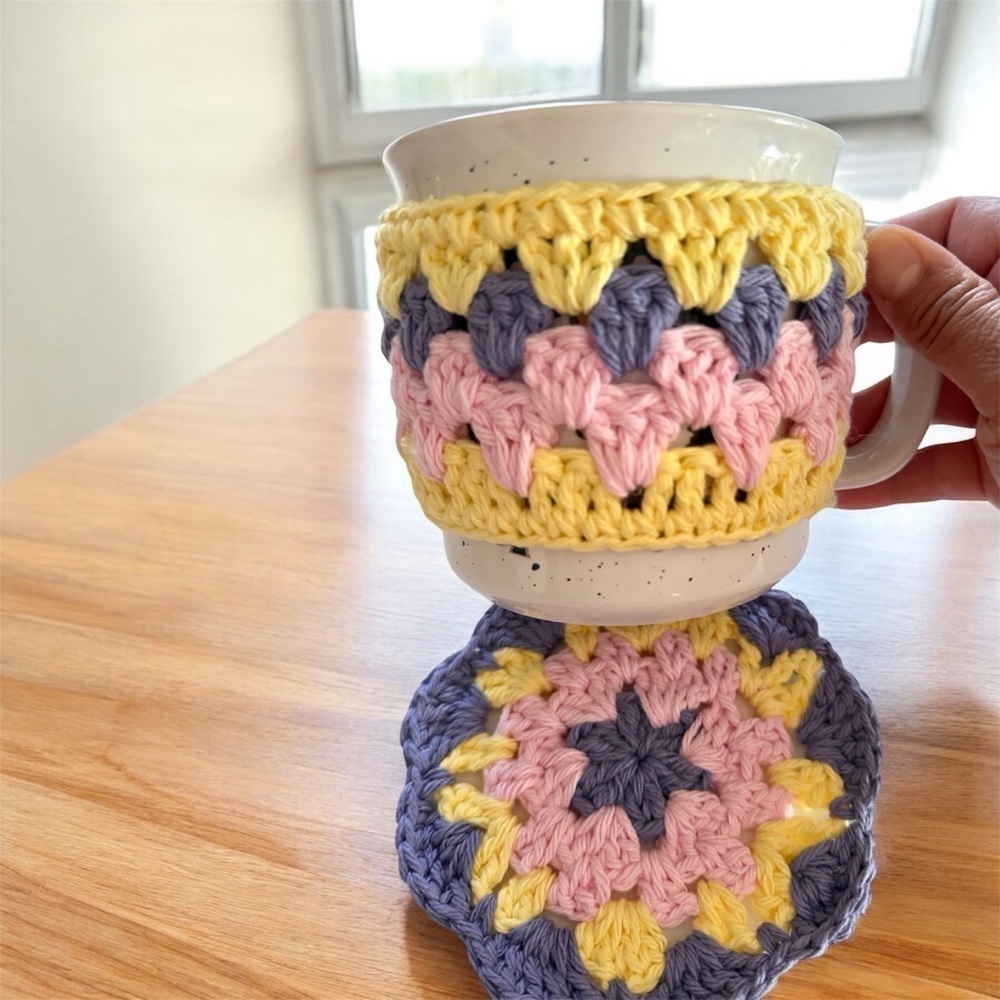 Handmade Pastel Granny Square Mug Cozy & Coaster Set - Picture 6 of 6